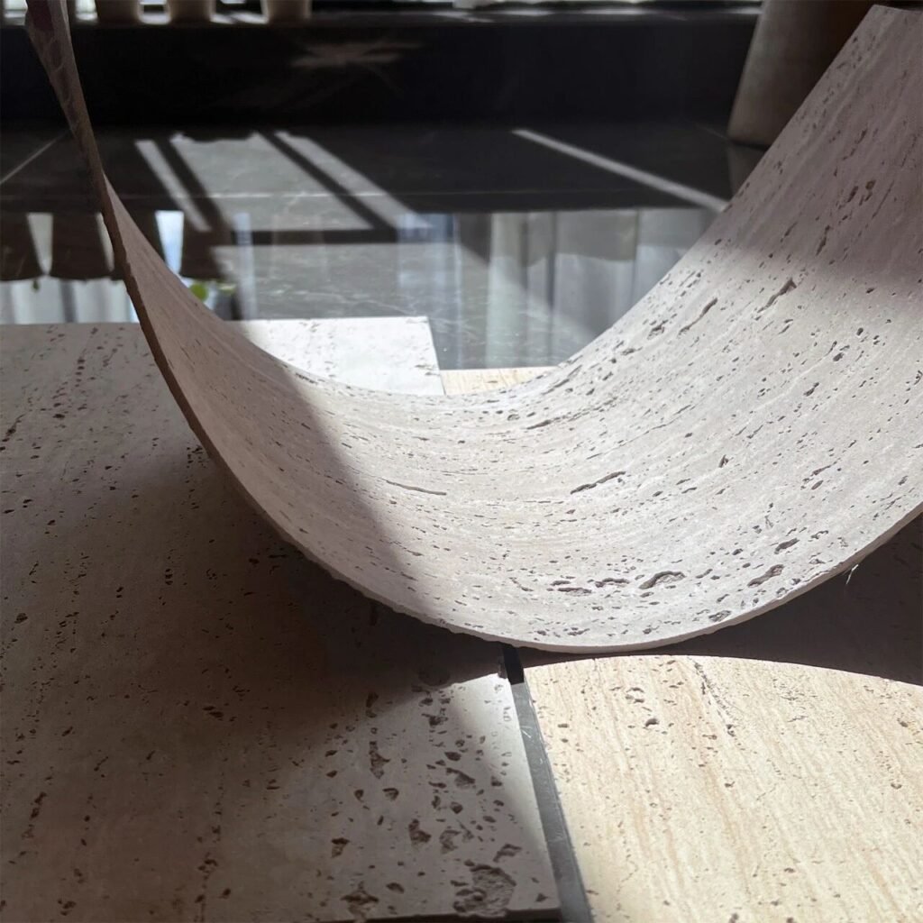 Cloud Grey Italian Travertine flexible panel bending test on a curved surface